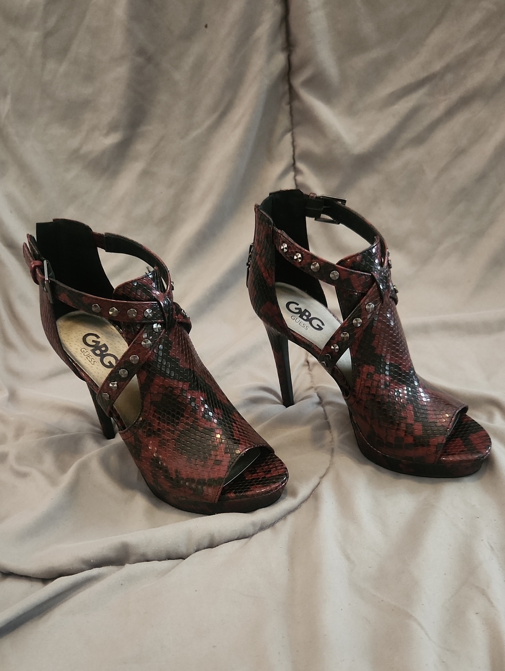 G by Guess Red Snake-Print Studded Peep-Toe Stiletto Sandals